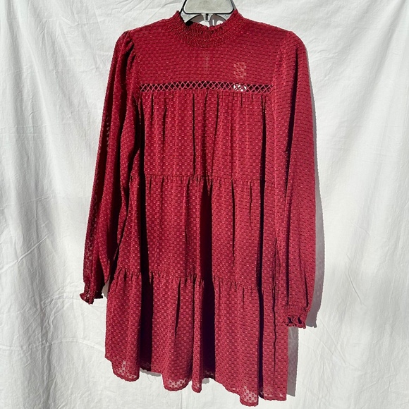 Crimson Red Checkered Velvet Smocked Mini Dress - Picture 1 of 4